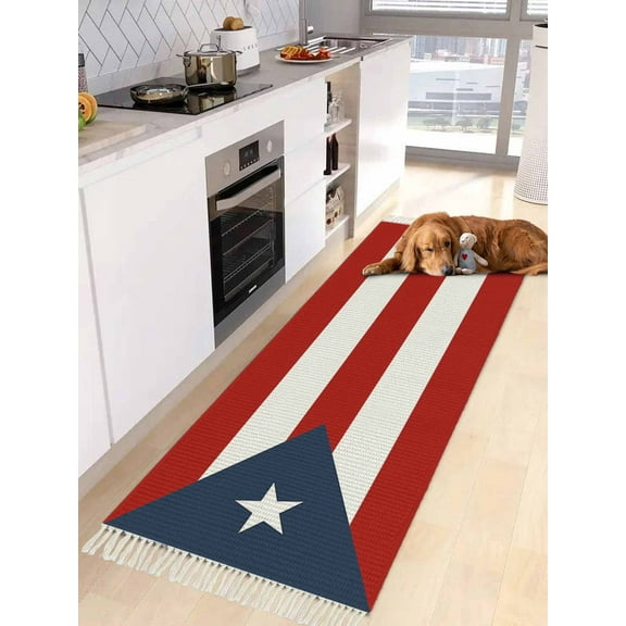 National Flag of Puerto Rico Patriot Entryway Runner Rug 2x4ft, Washable Woven Living Room Hallway Bedroom Kitchen Carpet with Tassels, Non-Shedding Indoor Outdoor Throw Door Mat for Entryway