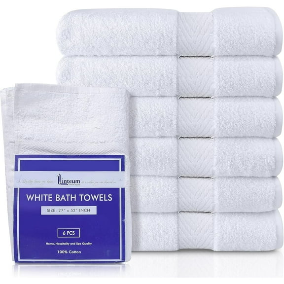 Linteum Textile Supply Bath Towels (White) 100% Cotton Towels (6-Pack, 27x52 inches)