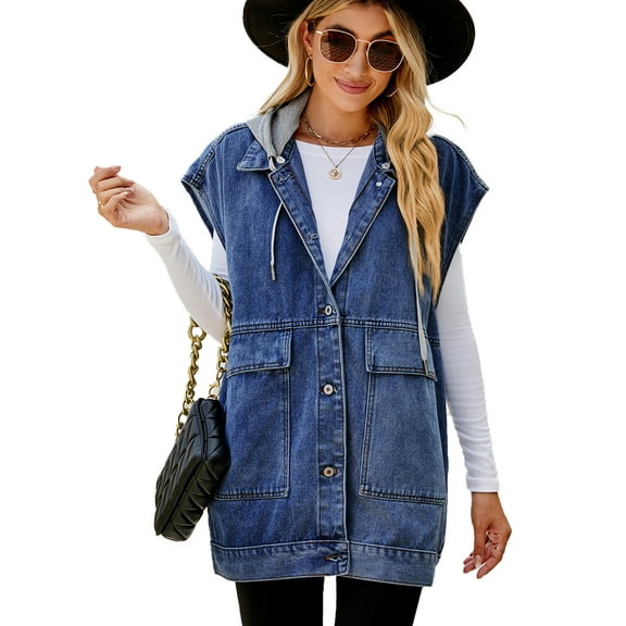FLMEI Women's Hooded Denim Vest Breathable Sleeveless Jackets Summer Jeans Vest Womens Hoodie Washed Cowboy Waistcoat Tops XS-XL