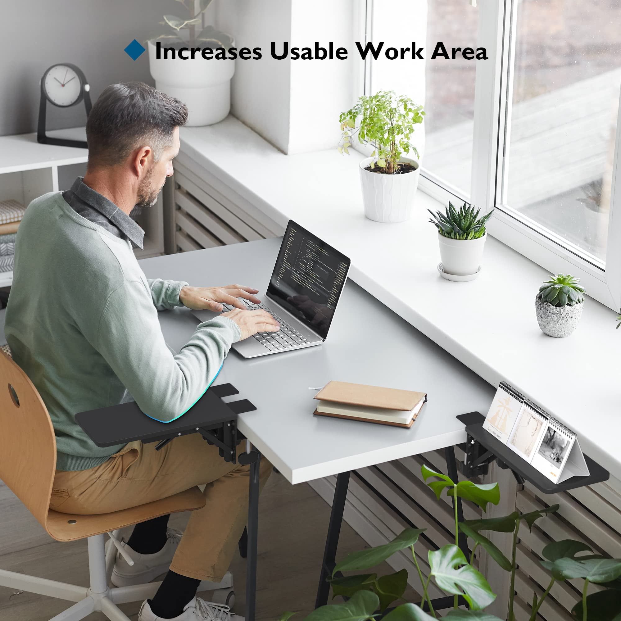 BONTEC Desk Extender Tray, 11.8"x5.9" Table Mount Arm Wrist Rest Shelf, 90°Foldable Elbow Support, Clamp on Computer Arm Rest for Desk, Office & Home Use, Durable & Easy to Install