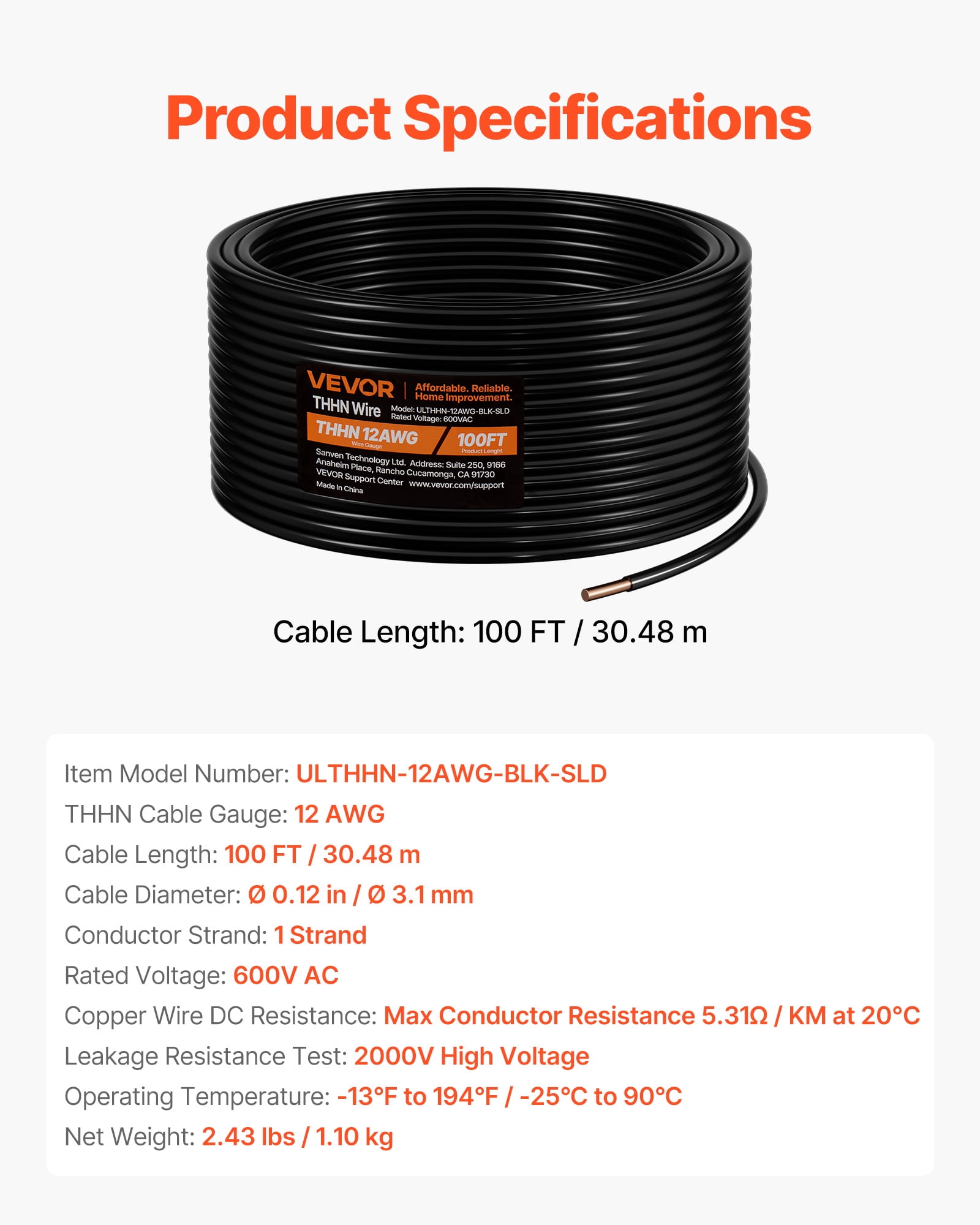 VEVOR 12 AWG Solid THHN Wire, 100% OFC Copper Electrical Building Wire with Nylon Jacket PVC Insulation, Rated for Up to 600 Volts, Heavy-Duty for Residential, Industrial, Commercial, Black