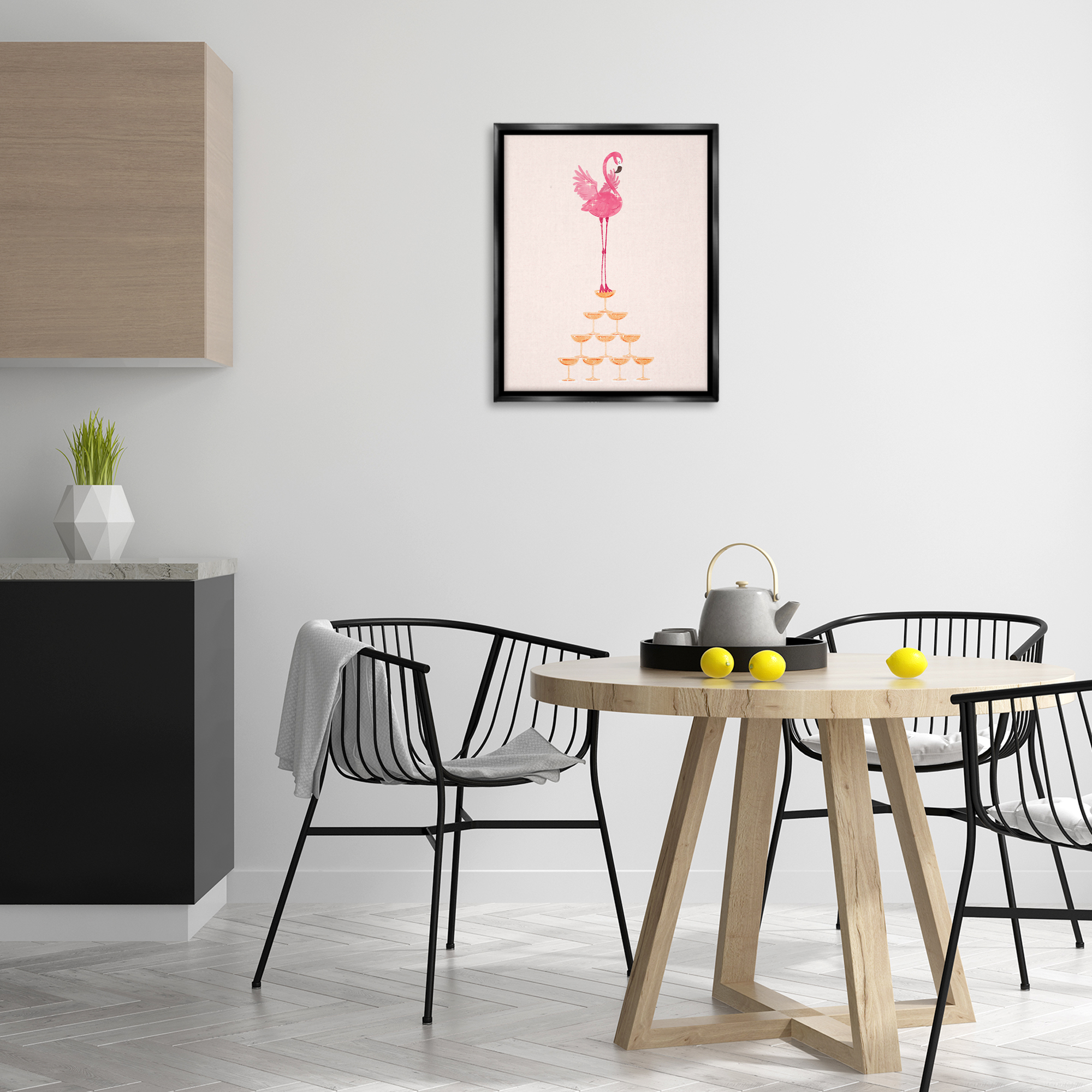 Stupell Industries Balancing Flamingo & Wine Novelty Painting Black Floater Framed Art Print Wall Art, 17 x 21