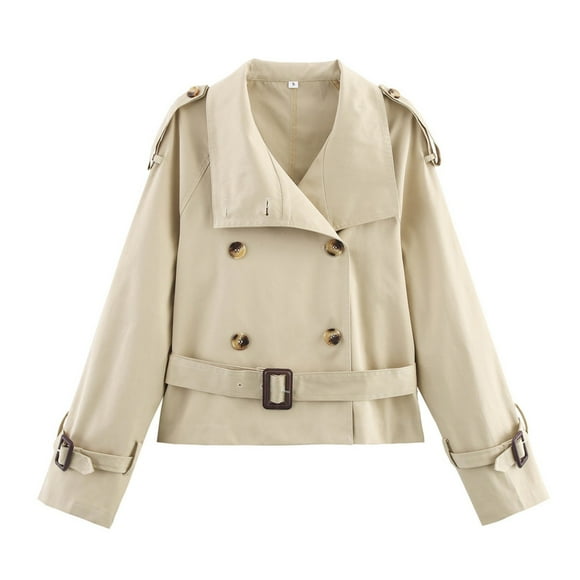 Ailaofu Women Trench Coat Double Breasted Stand Collar Belted Outerwear Fall Casual Fashion Cropped Jacket