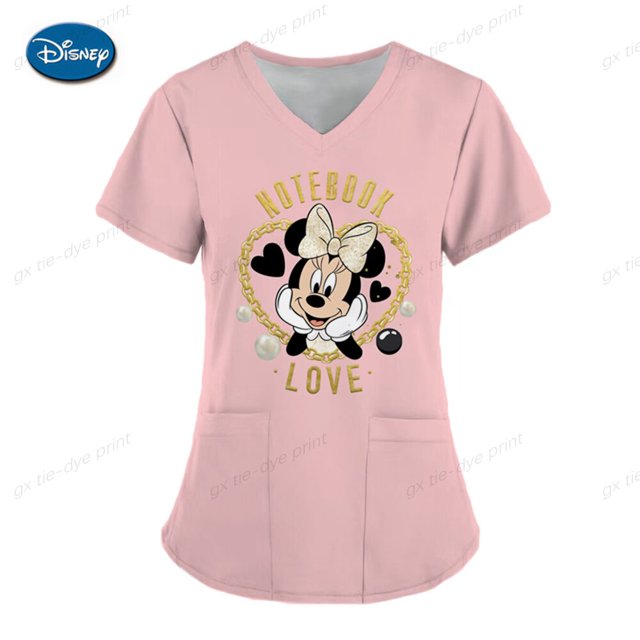 Pocket Nursing Scrub Uniform Ladies V-neck Care Workers Nurse Working Medical Uniforms Blouse Disney Mickey Mouse Print TopsXXXL Gao Jinjia LED