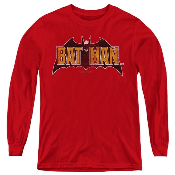 Batman Vintage Bat Logo On Red Kids Long Sleeve T Shirt (Small) for Youth Boys and Girls, Red