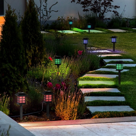 Solar Pathway Lights 8 Pack, Small House Style Color Changing LED Landscape Lights, Auto On/Off for Garden, Patio, Walkway