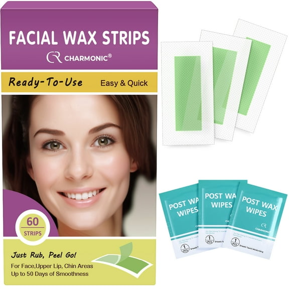 Charmonic Facial Wax Strips-60 Strips for Women, Hair Remover Waxing Kit for Face Eyebrow Upper Lip Cheek with 60 Face Wax Strips   6 Wax Wipes