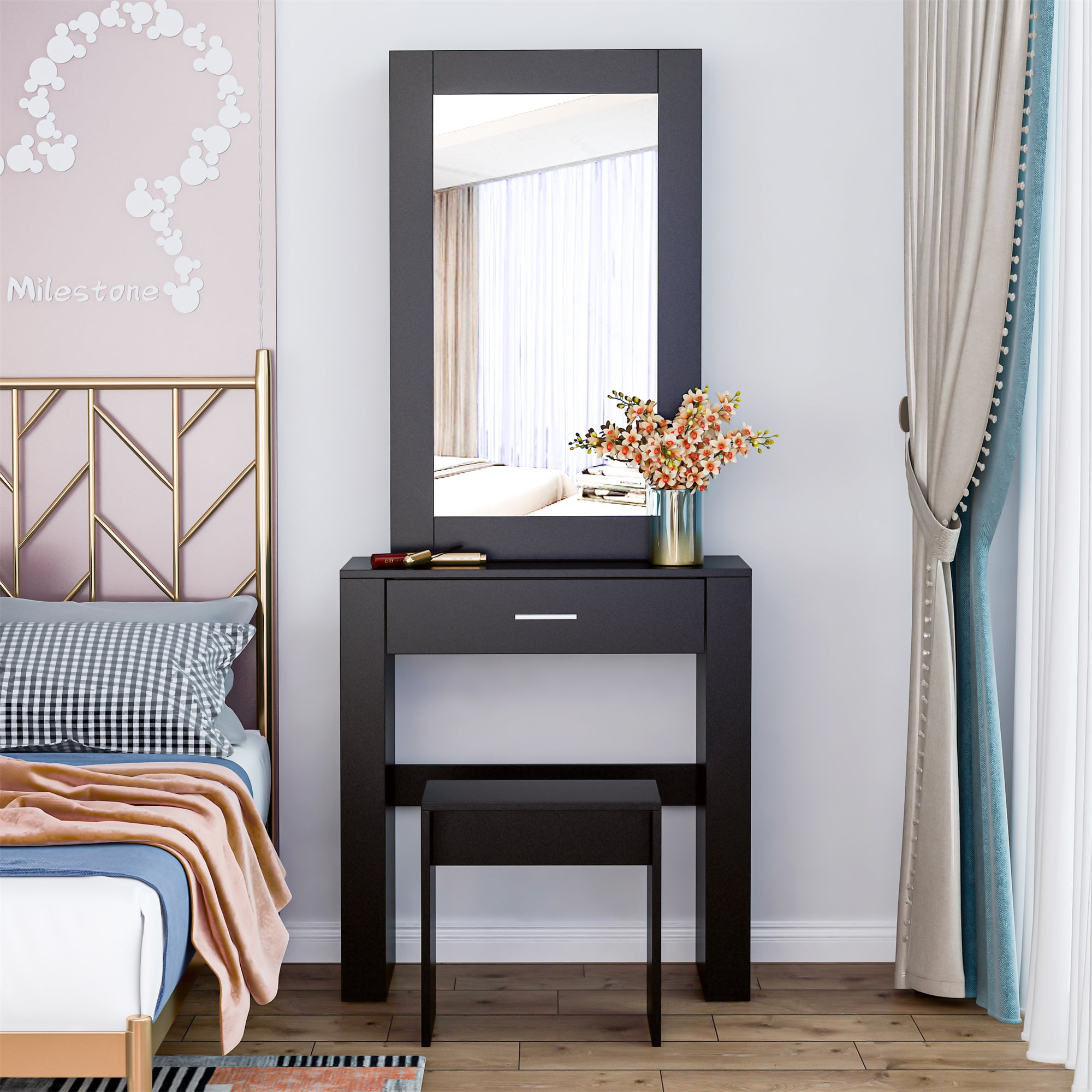 Spaco Modern Vanity Desk with Mirror and Stool, Storage Shelves & Drawer, Vanity Set for Girls, Black Spaco Modern Vanity Desk with Mirror and Stool, Storage Shelves & Drawer, Vanity Set for Girls, Black