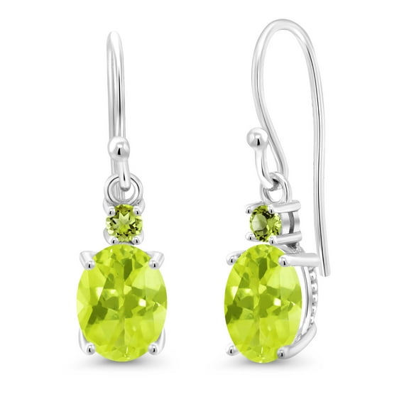 Gem Stone King 10K White Gold Yellow Lemon Quartz and Green Peridot Dangle Earrings for Women (2.34 Cttw, Gemstone Birthstone, Oval 8x6mm)