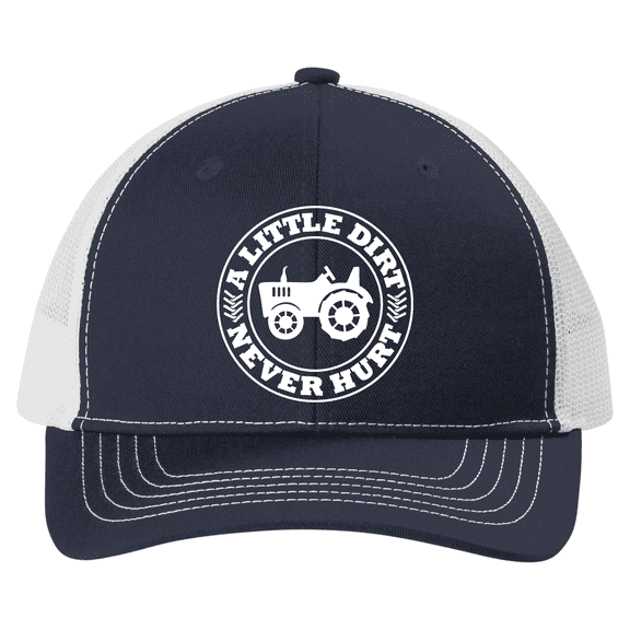 Trenz Shirt Company Youth Embroidered Mesh Back Trucker Hat - A Little Dirt Never Hurt Tractor Design, Navy/White