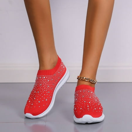 

QWANG 2023 Plus Size Breathable MeshWomen Slip On Soft Casual Running Shoes Red