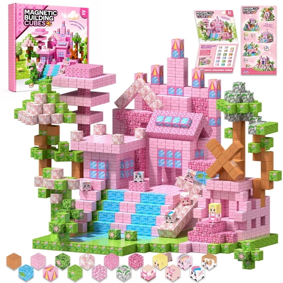 RHYBOR 100PCS Magnetic Blocks, Magnetic Building Cubes for Girls Boys, STEM Creative Educational Toys for Age 3-8 ,Montessori Stacking Toy, Toddlers Gifts Pink Castle Magnet Tiles Set