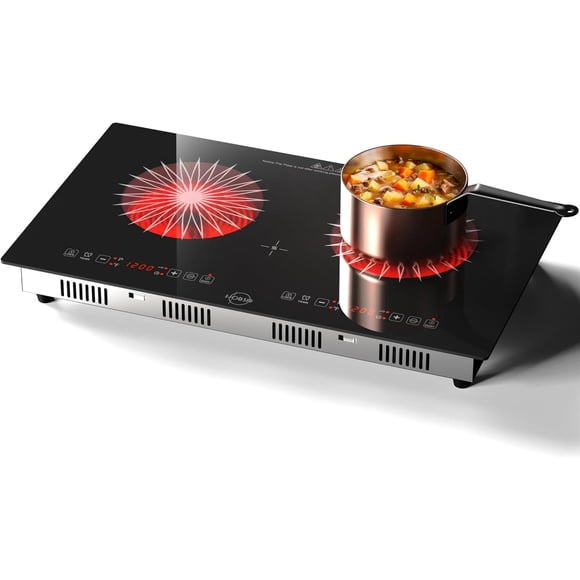 Hobsir 2 Burner Electric Cooktop 24 Inch, 110V-120V Electric Stove Top, Double Burner Countertop & Built-in Electric Ceramic Cooktop with Plug, Timer, Safety Lock for Apartment RV Camp Stove