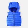 thumbnail image 1 of Chaleco acolchado con capucha para niños y niñas, chaqueta de invierno cálida y ligera, sin mangas, con cremallera y orejas de oso, color azul (2 años), 1 of 7