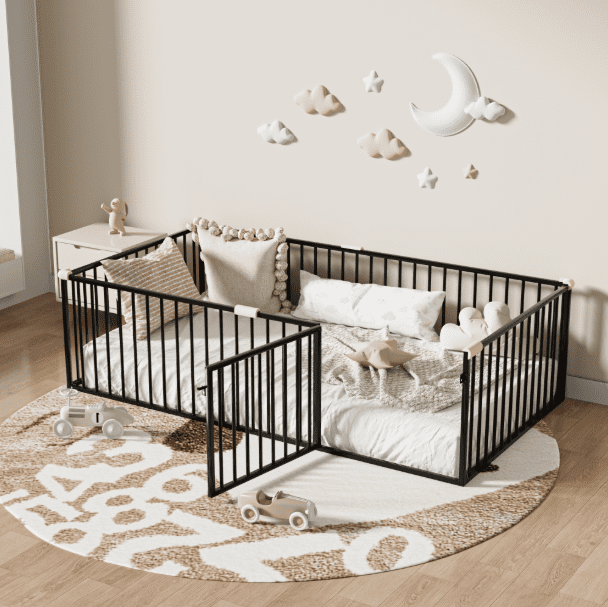 Twin Size Minimalist Metal Floor Bed Frame, Montessori Bed with Fence and Door, Low Children Bed for Boy & Girl,Black