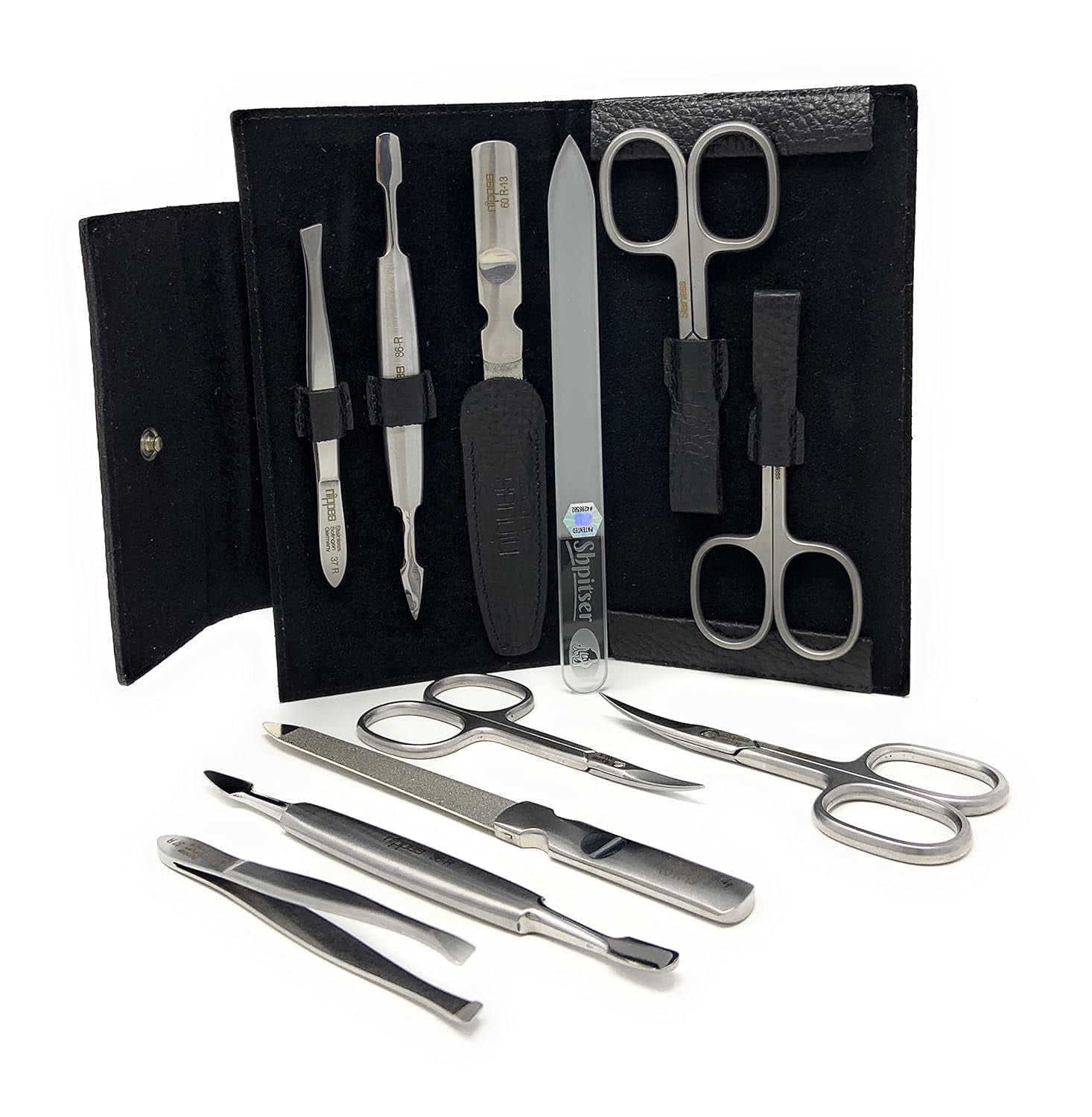 5-Pieces Luxury German Manicure Pedicure Set Premium Stainless Steel Grooming Kit Hand in Genuine Cowhide Leather Case with Bonus Shpitser Crystal Glass Professional Nail File