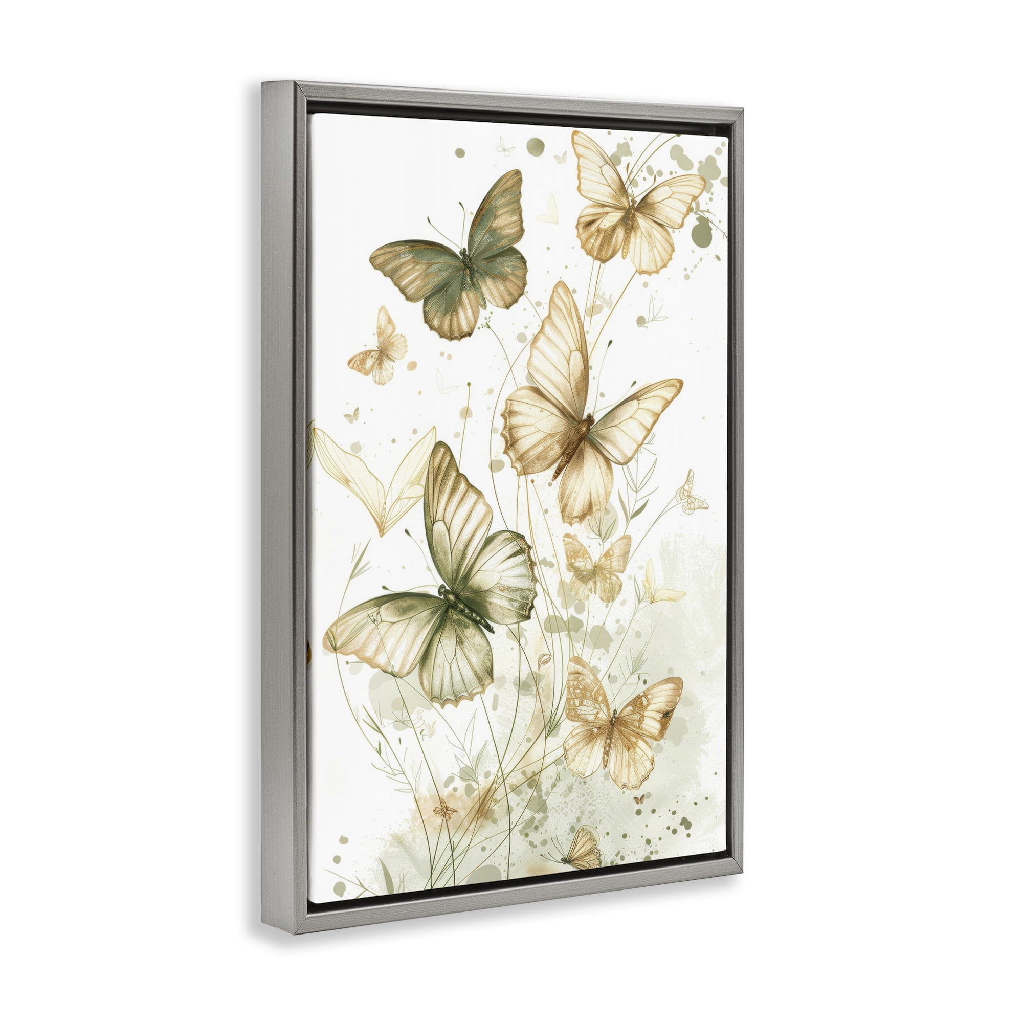 Stupell Industries Neutral Watercolor Butterflies Insects Painting Gray Floater Framed Canvas Art Print Wall Art, 17 x 25