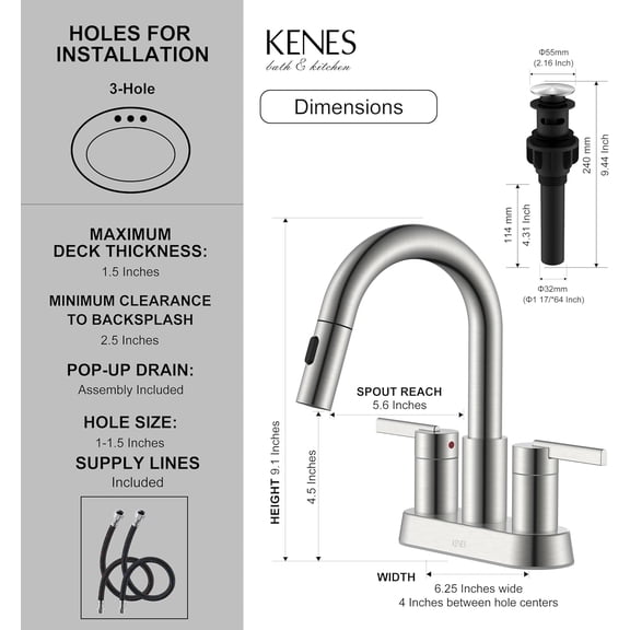 Brushed Nickel Pull Down Bathroom Faucet, 4 Inch 2 Handle Centerset Bathroom Faucet 3 Hole with Pull Out Sprayer, Bathroom Sink Faucet with Pop Up Drain & Supply Lines LJ-9069