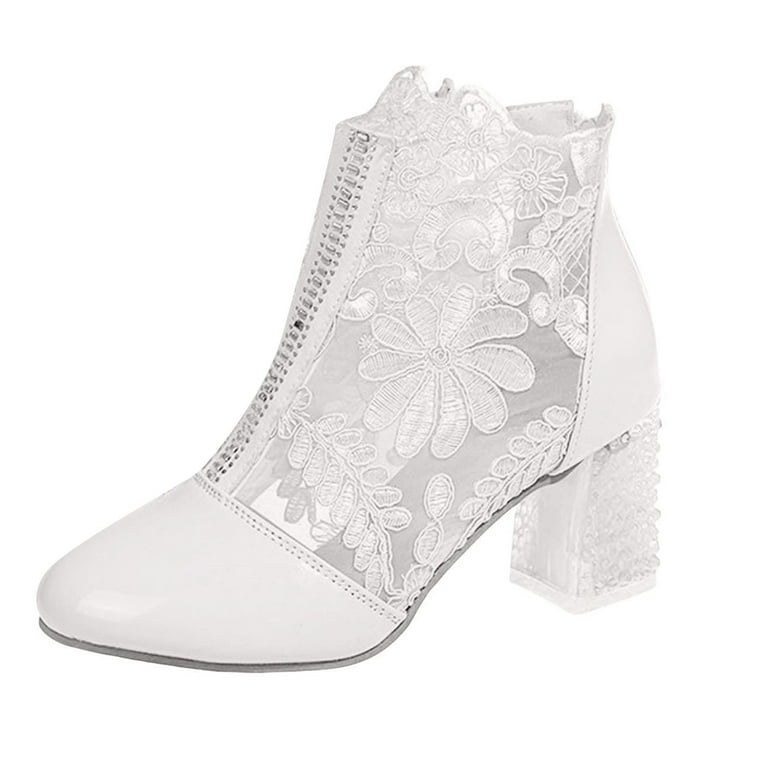 Rokment Lace Dress Boots for Women Bridal Wedding Sexy Floral Embroidered See Through Leather Patchwork Chunky Crystal High Heels Dressy Short Ankle