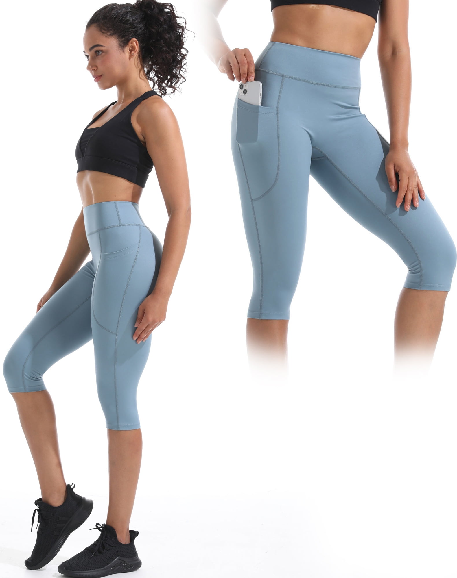 NELEUS Womens Plus Size Yoga Capris Leggings For Workout With Pockets Tummy Control High Waist,Black+Gray+Light Blue,US Size 2XL