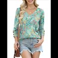 thumbnail image 1 of Blusas de 3/4 con Botones y Cuello en V para Mujer, Ropa Informal de Verano para Vacaciones de Playa, Ropa de Otoño 2025 Impresión Verde M, 1 of 7