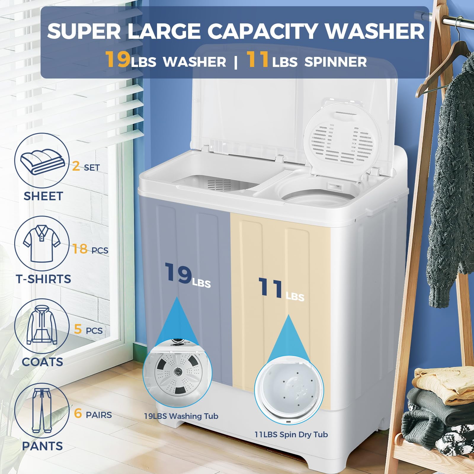 Veeboto Portable Washing Machine, 30LBS Twin Tub Mini Compact Laundry 19lbs Washer/11lbs Spinner with Drain Pump & Time Control Washer Spinner Combo, White