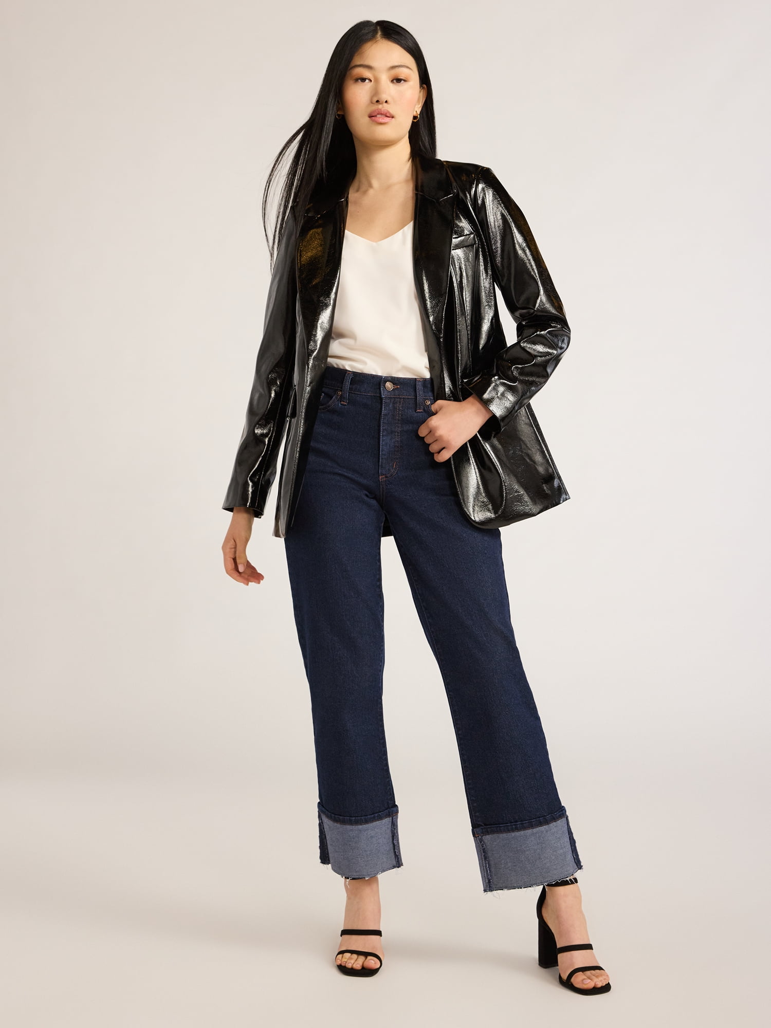 Scoop Women's Faux Patent Leather One Button Blazer, Sizes XS-XXL