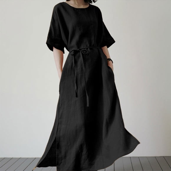 Women Summer Dress Casual Cotton Linen Dress Casual T Shirt Dress Split Long Dress Travel Vacation Dress