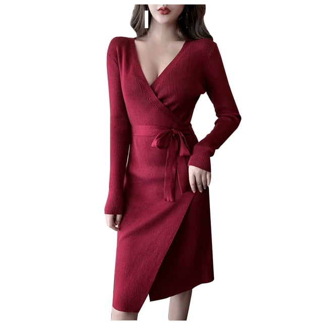 Pompotops Robe Sexy à Manches Longues Col en V Irrégulière à Lacets Tricotée