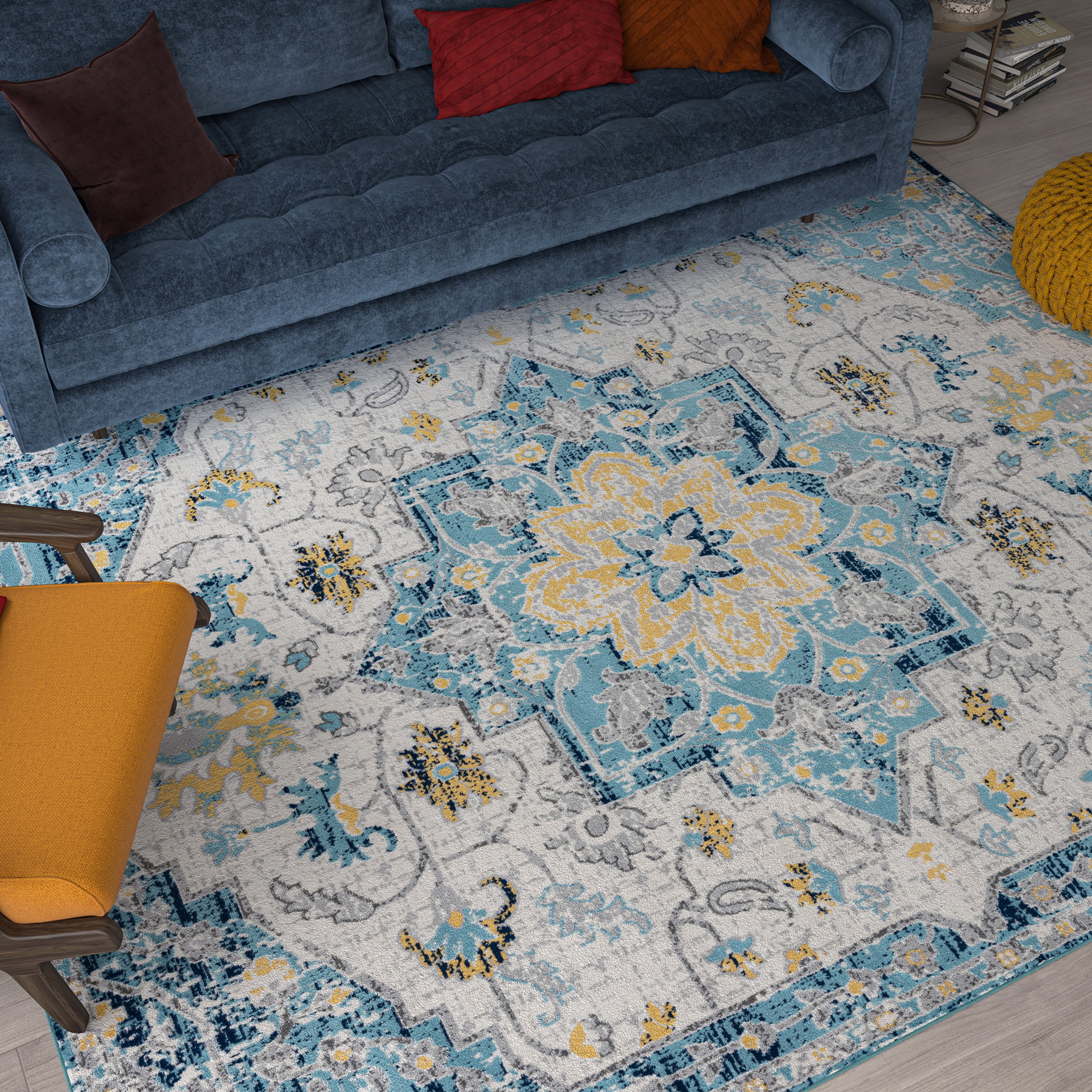 Transitional 5x8 Area Rug (5'3'' x 7'3'') Medallion Aqua, Yellow Living Room Easy to Clean