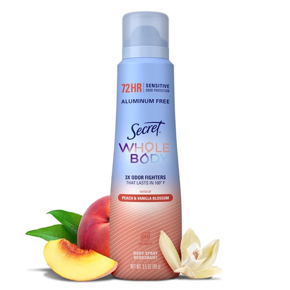 Secret Women's Whole Body Deodorant Aluminum Free Spray, Peach & Vanilla 3.5oz