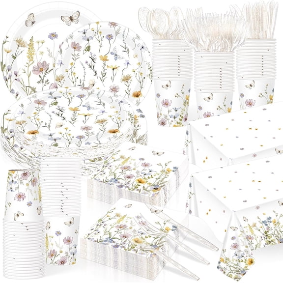 194 Pcs Wildflower Plates and Napkins Party Supplies for Valentines Baby Shower Spring Disposable Floral Paper Plates Tablecloth Cup Tableware Set for Wedding Birthday Tea Party Decoration