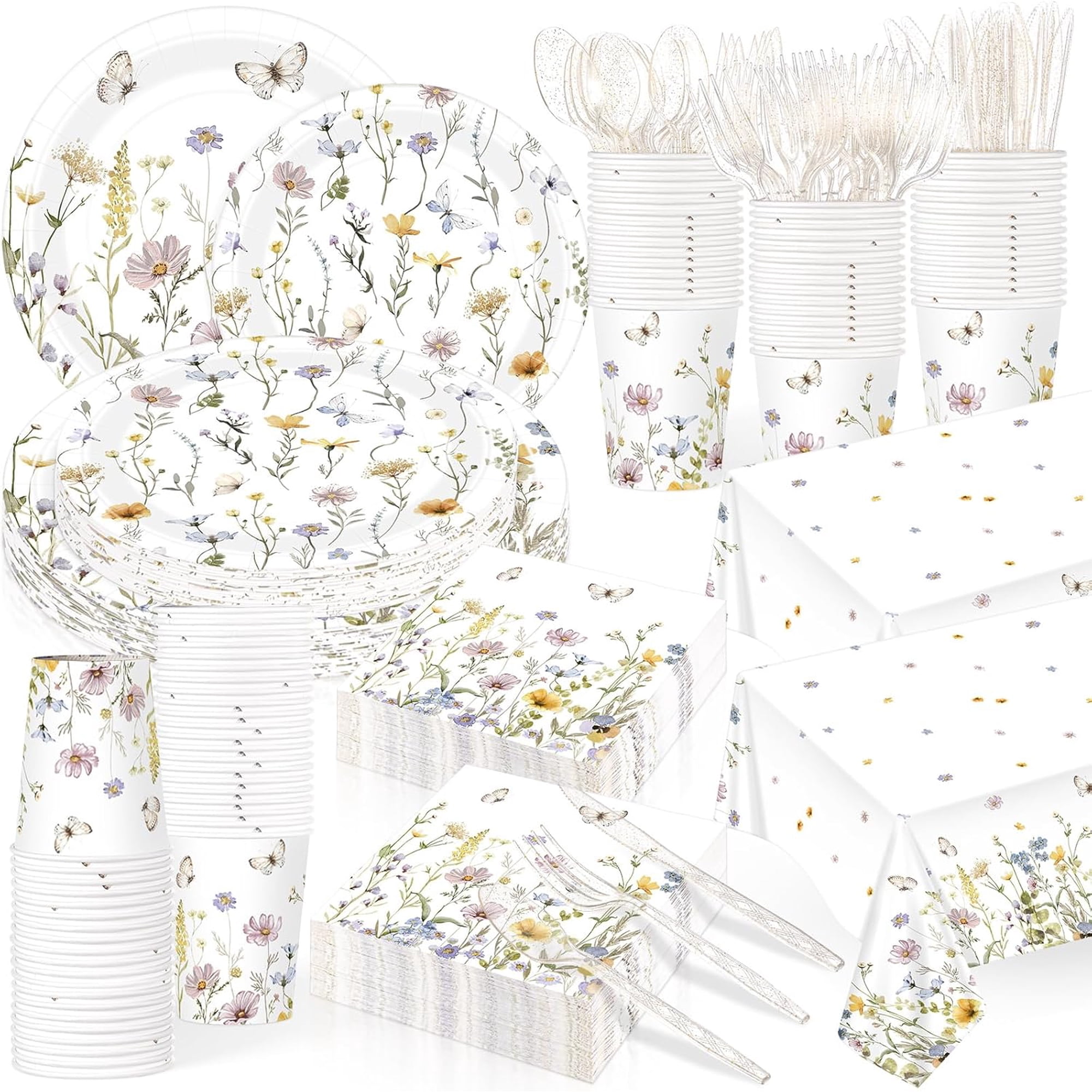 194 Pcs Wildflower Plates and Napkins Party Supplies for Valentines Baby Shower Spring Disposable Floral Paper Plates Tablecloth Cup Tableware Set for Wedding Birthday Tea Party Decoration