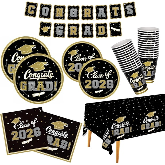 PUMIER Graduation Party Supplies 2026 - 25-Pack Disposable Dinnerware Set w/ Banner & Tablecloth | Black Gold Decor | Plates, Cups, Napkins | College High School Grad Decorations