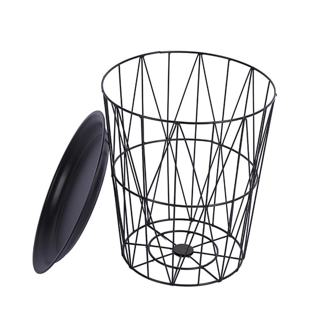 Black Metal Wire Basket Wooden Top Side Table Storage Loft Living Home Furniture