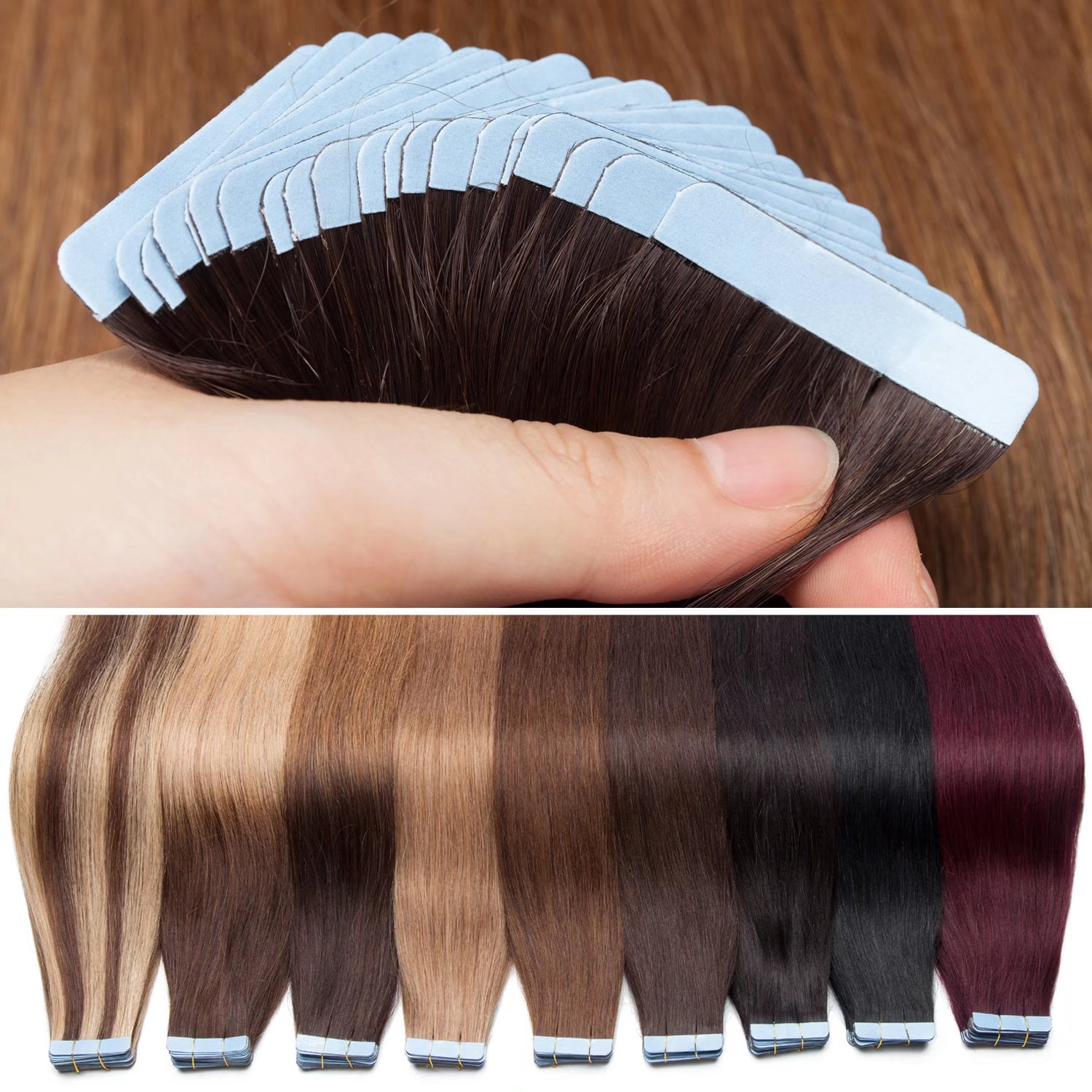 Benehair Tape In 100% Real Remy Human Hair Extensions Seamless Skin Weft Thick Glue Straight Women 10-20pcs 18inch Ombre Brown