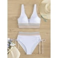 thumbnail image 3 of Women Tummy Control Swimsuits Color Block Two Piece Drawstring Bathing Suit White XXL, 3 of 7