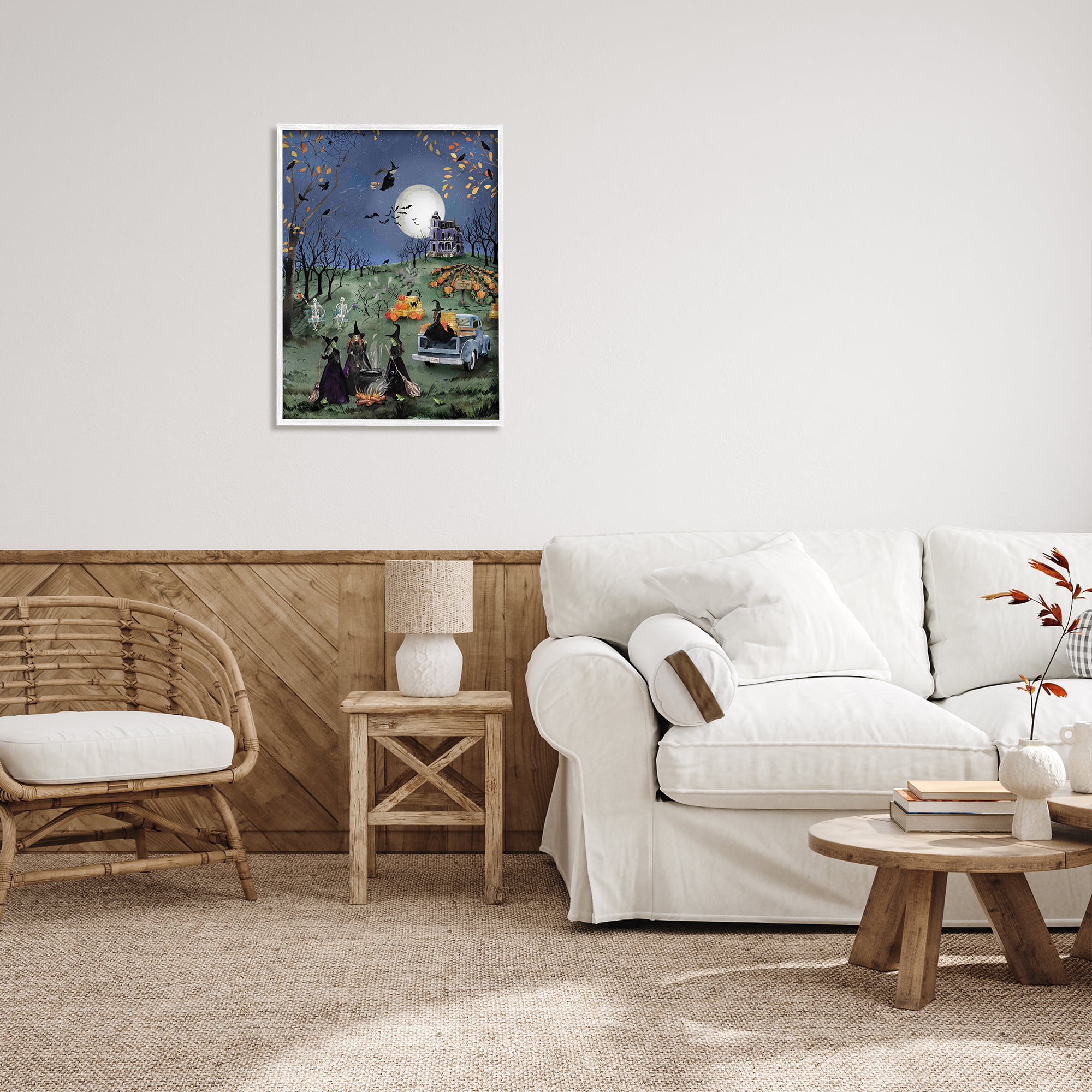 Stupell Industries Autumnal Witches Scene Holiday Painting White Framed Art Print Wall Art, 24 x 30