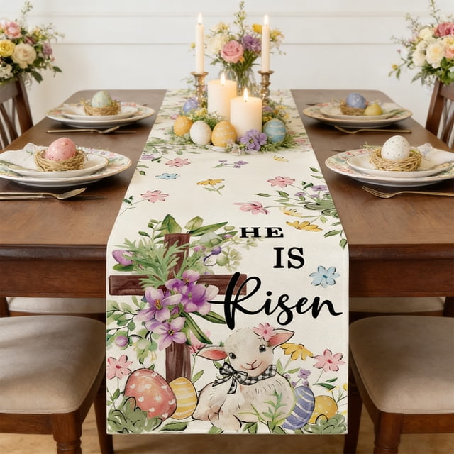 Sokhug Easter Table Runner Spring Themed with Rabbits Eggs, Linen Material Holiday Home Dining Decor, 13x47 in