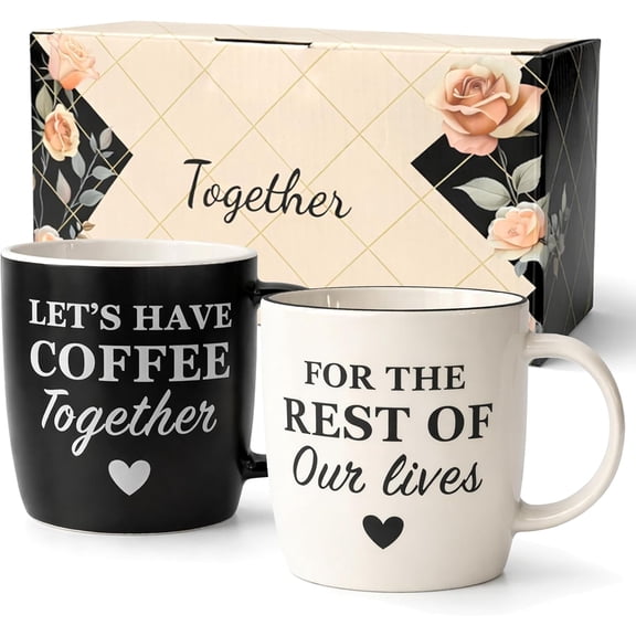 Triple Gifffted Let's Have Coffee Together Coffee Mug Set, Engagement Wedding Gifts for Couple, Bride and Groom Newlywed Bridal Shower, His Hers, Mr and Mrs, Christmas Day, Valentines, Ceramic 13Oz