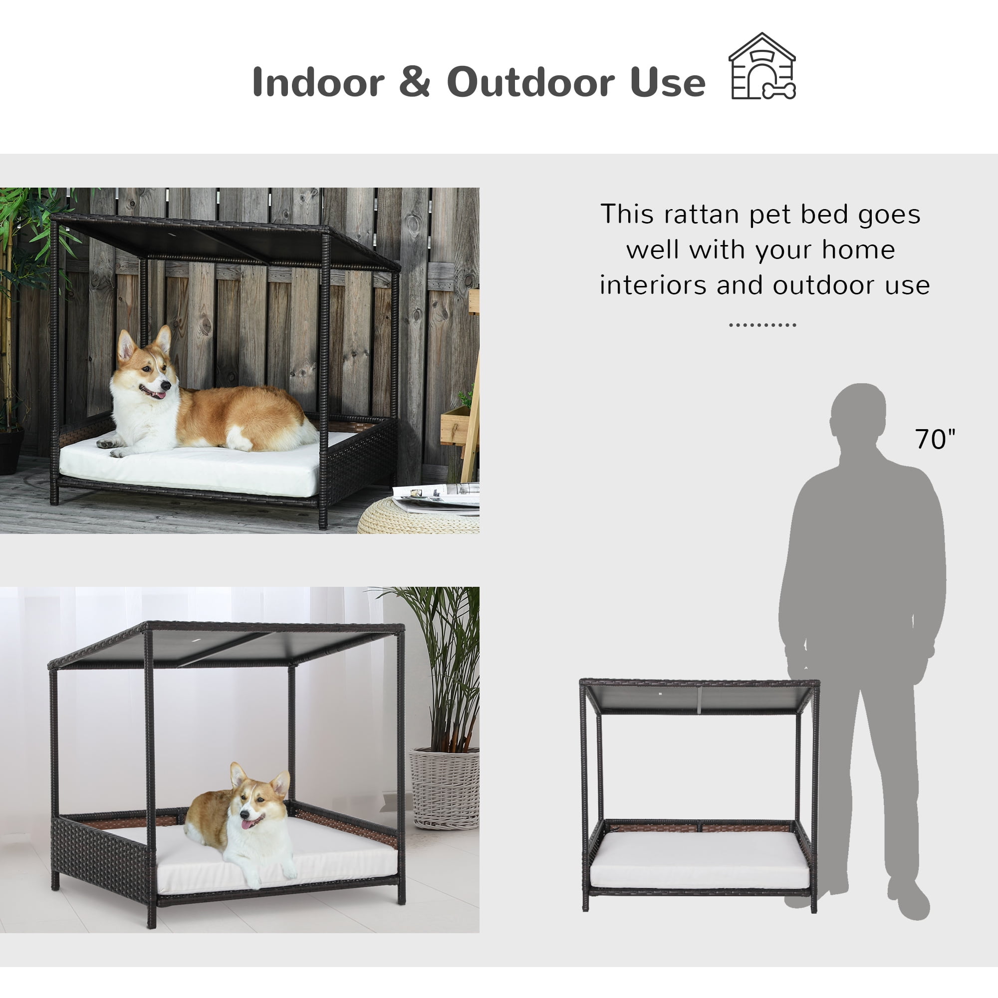 Pawhut Wicker Dog House Raised Rattan Dog Cat Bed with Cushion, Medium Sized, Brown