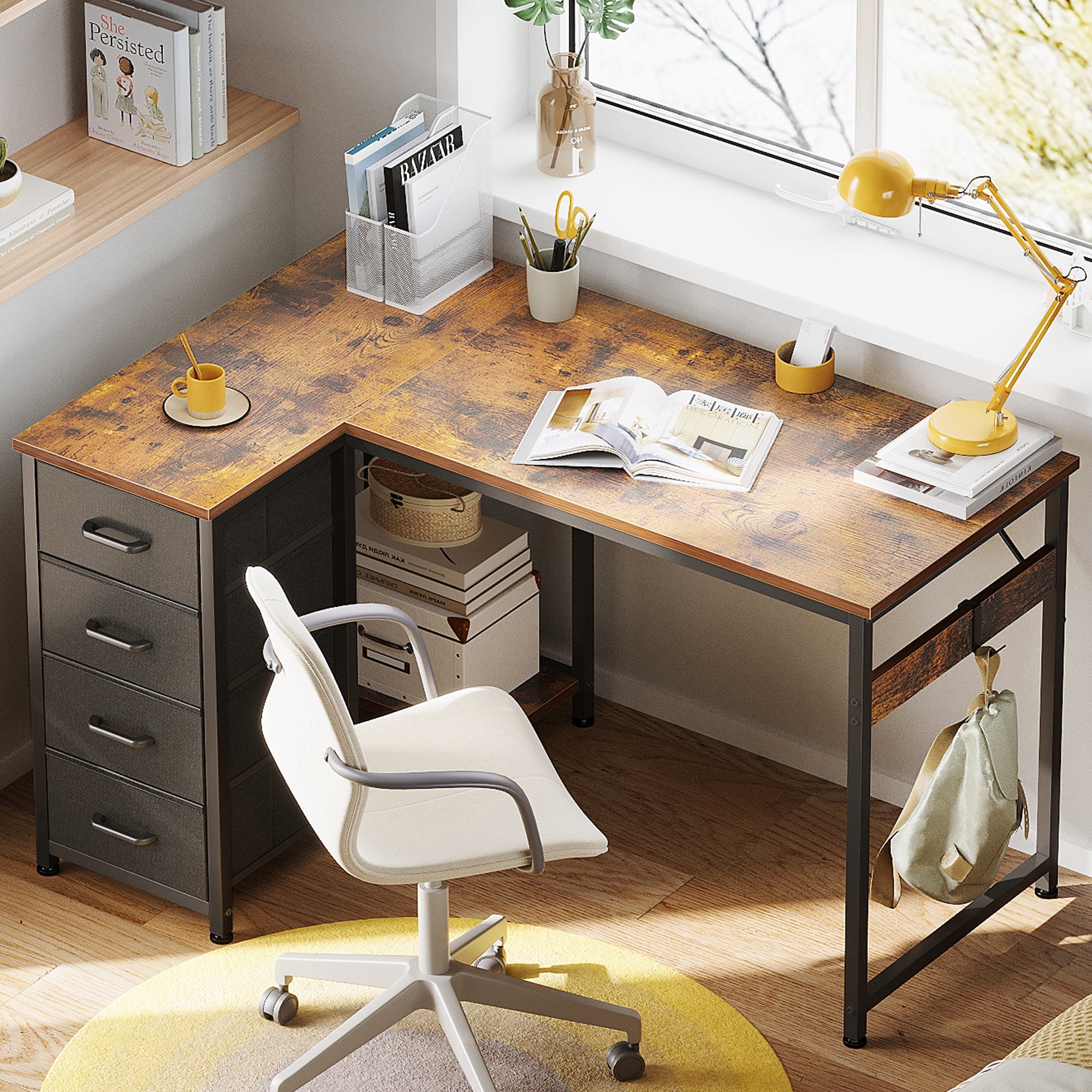 40 inch Computer Desk with 4 Fabric Drawers — Home Office Desks with Storage, Writing Desk with Side Hook, Desk Study/Work Table for Bedroom and Small Space, Vintage