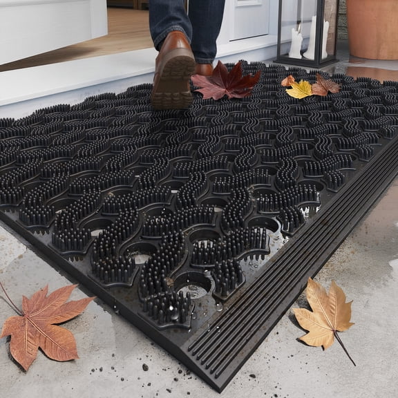 PABUBE Outdoor Doormat ,Durable Interlocking Welcome Mat, Dirt Trapper Rubber Mat and Non-Slip Low Pile Doormat for Entry Rug,Black, 17" x 30"