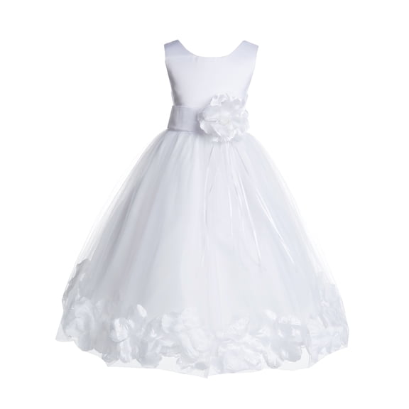 Ekidsbridal Girl Wedding Flower Girl Dress - Rose Petals White Tulle Dress with Organza Sash 007-A (Size: S-16)
