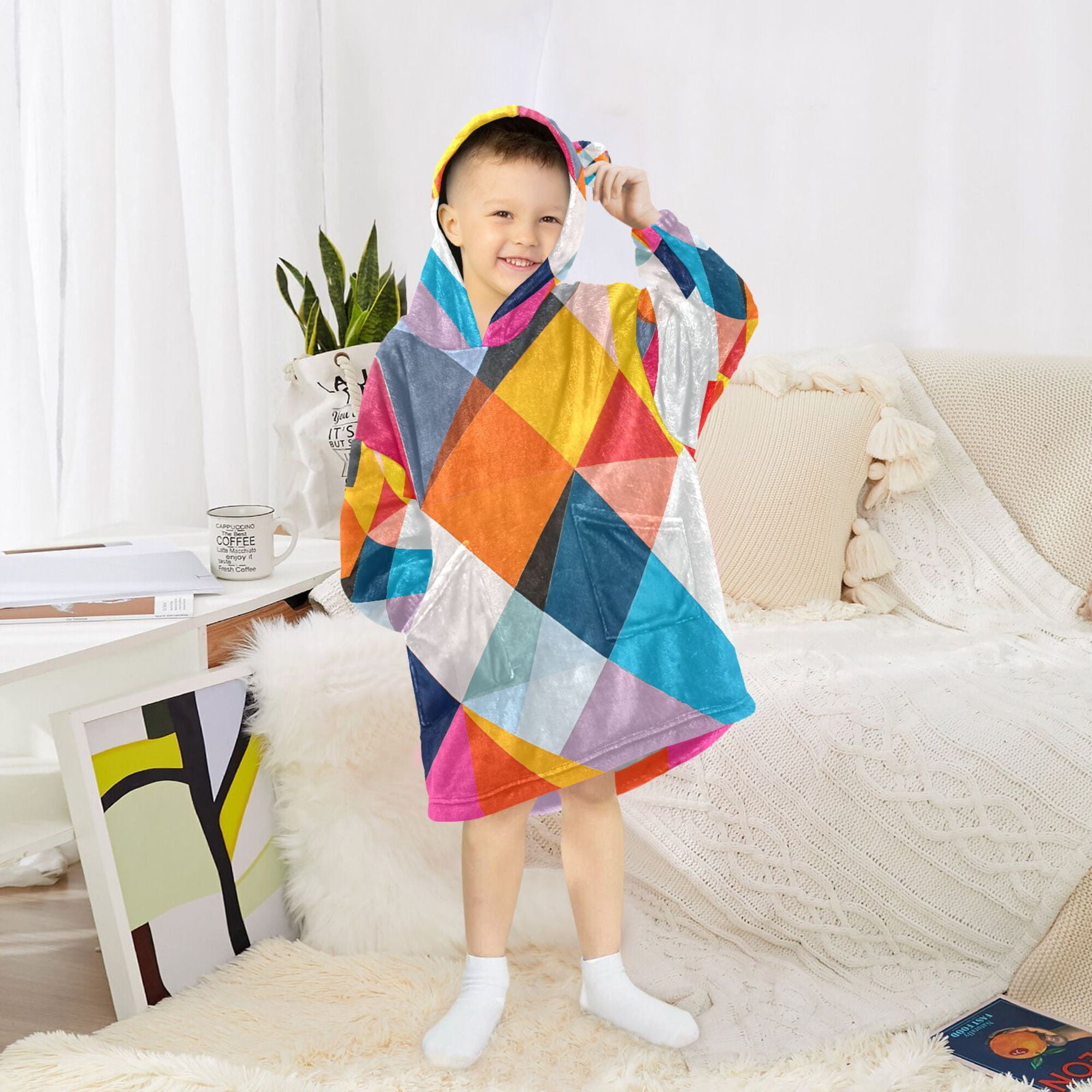 FORMRS Wearable Blanket Hoodie with Sleeves for Kids Cozy Flannel Sweatshirt, Colorful Triangles