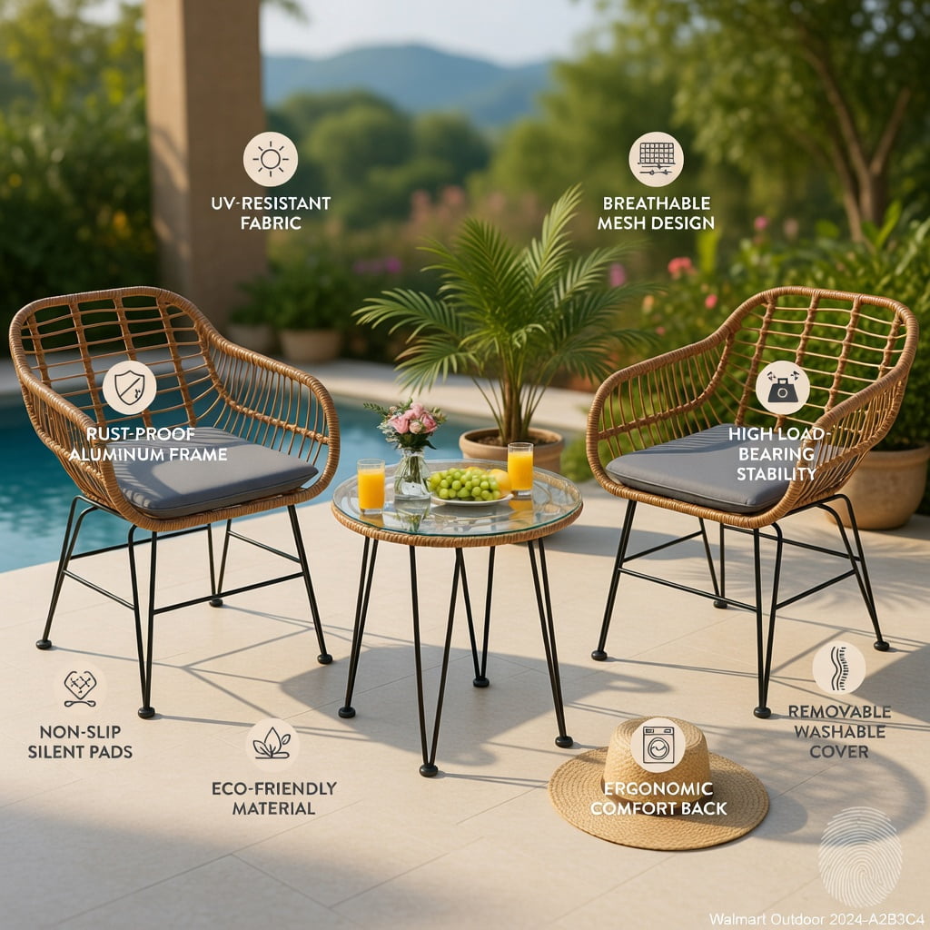 Hommoo 3-Piece Outdoor Rattan Patio Furniture Set, 2 Armchairs + Coffee Table with Removable Cushions, Tempered Glass Top, Weather-Resistant Wicker & Steel Frame, Gray