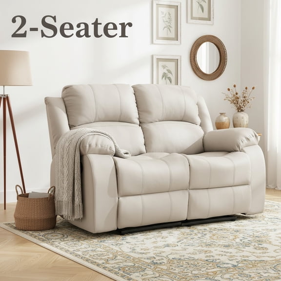 2 Seat Reclining Loveseat, Space Saving Manual Recliner with High Density Foam, Living Room Sofa, Faux Leather, Beige