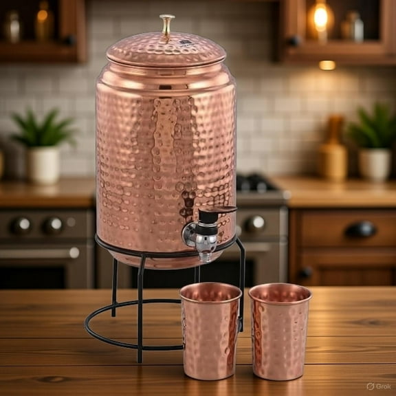 Pure Copper Hammered Water Dispenser Ayurvedic Water Storage Tank with Tap & 2 Copper Glasses (5L)