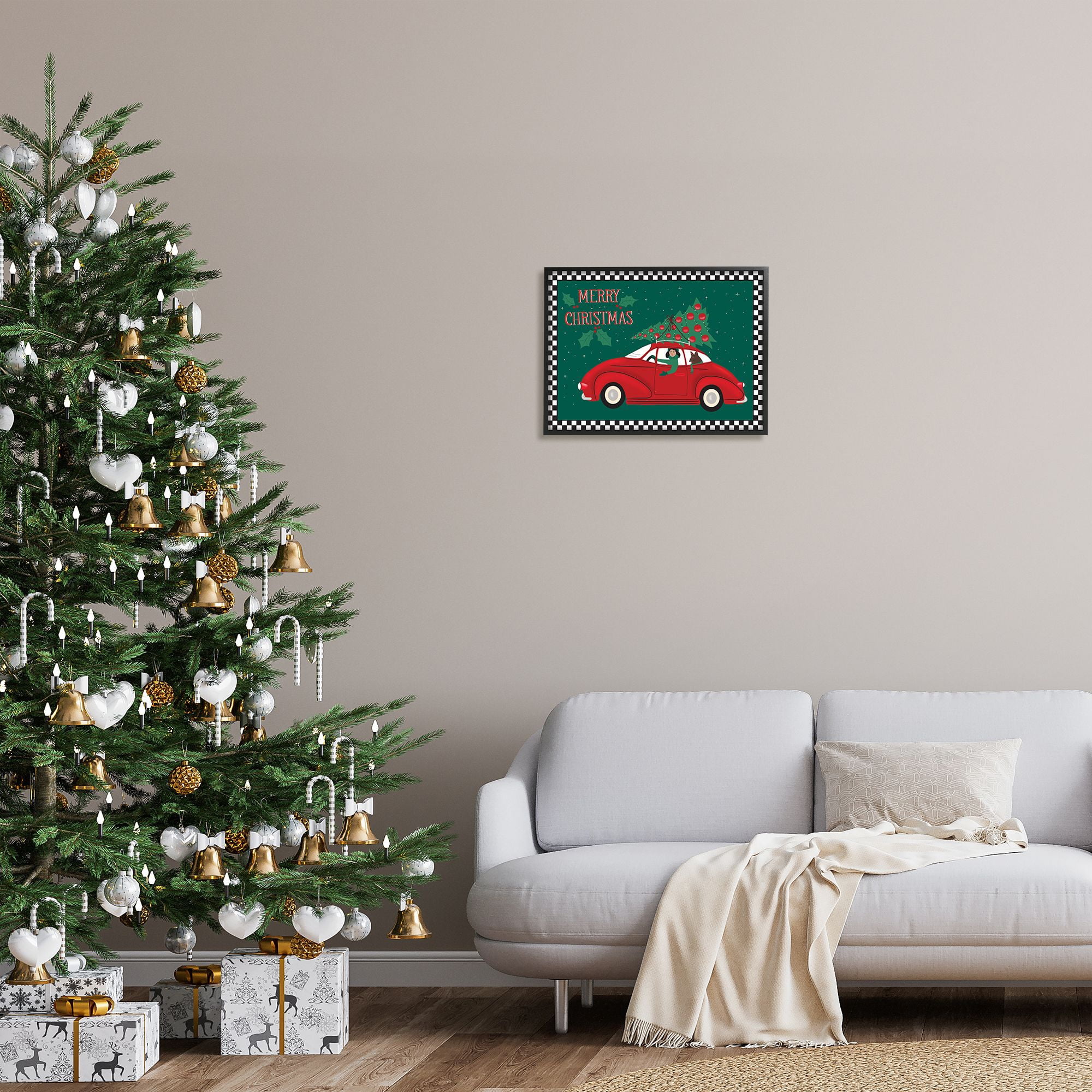 Stupell Indtries Merry Christmas Greeting Woman Sports Car Christmas Tree,20 x 16,Design by Darlene Seale