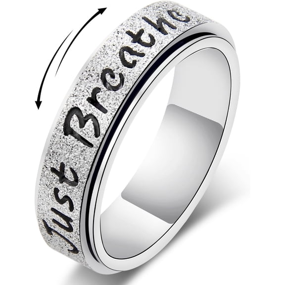 Fidget Spinner Ring for Women - Just Breathe Inspirational Hope Rings, Stainless Steel  Women's Ring for  , Thumb Rotating Rings for Adults   for Her